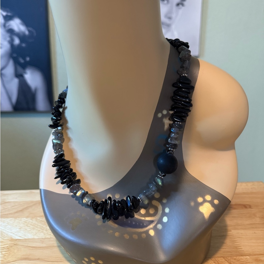 Handmade Black Onyx & Labradorite Gemstone Necklace with Silver Toggle Clasp